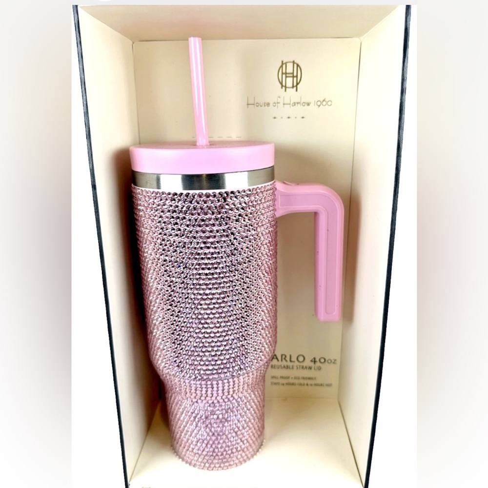 House of Harlow 1960 Pink Rhinestone Tumbler with Straw